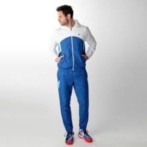 Mens Tennis NEW LACOSTE Blue White 2 piece Track Suit.  jacket and pant $250
